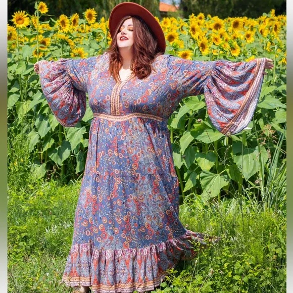 Aveology Floral Earth Angel Maxi Dress 22/24 Flare Sleeve Boho Southwestern - Picture 1 of 13